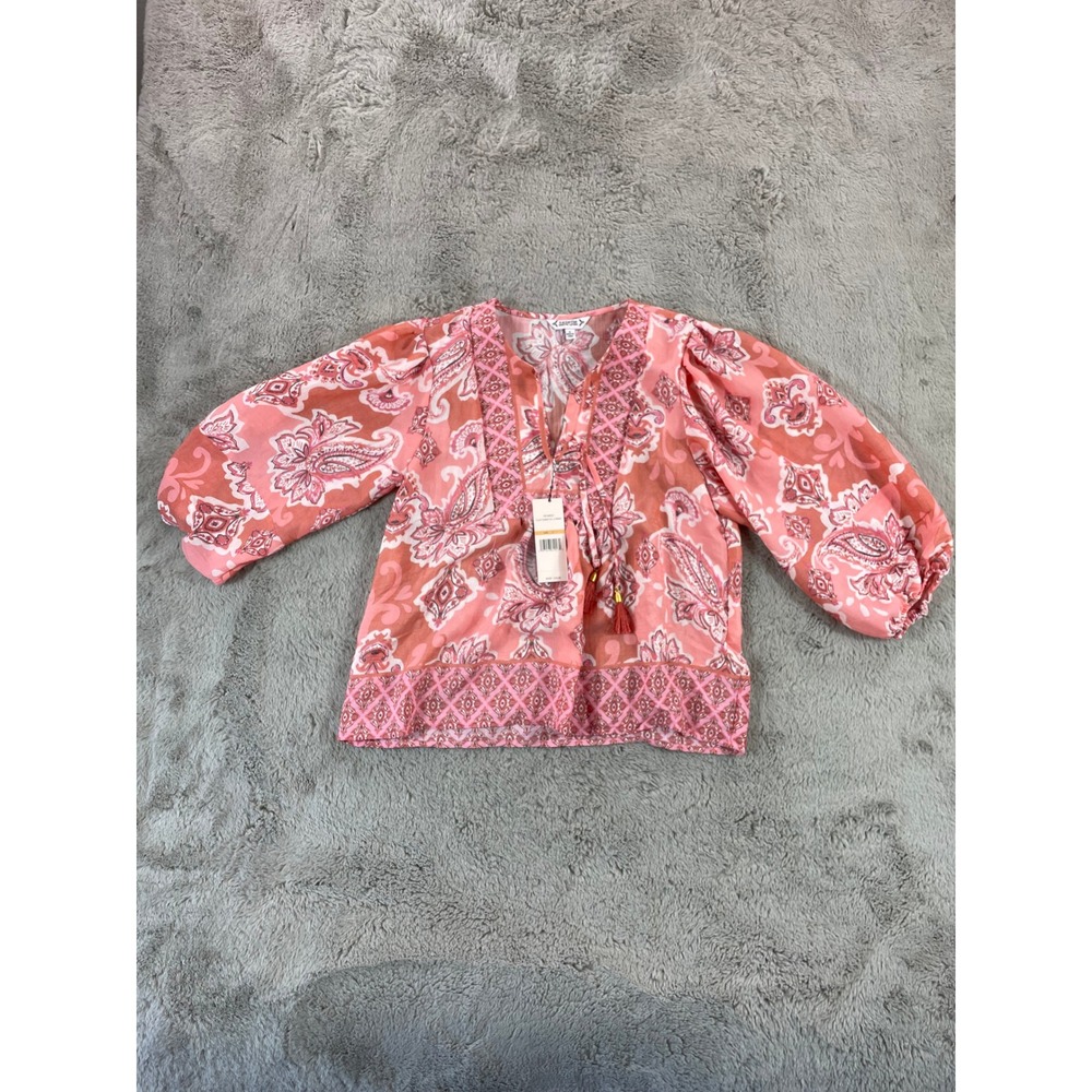 NWT Nanette Lepore Top Blouse S Small Pink Paisley Tassel Tie V Neck School Boho